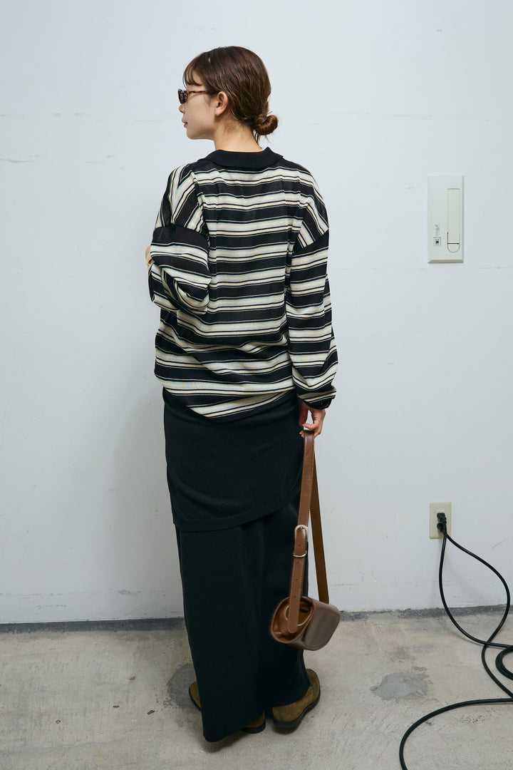 [予約/SET]ボーダーシアーポロプルオーバー+フェイクレイヤードニットスカート(2set)