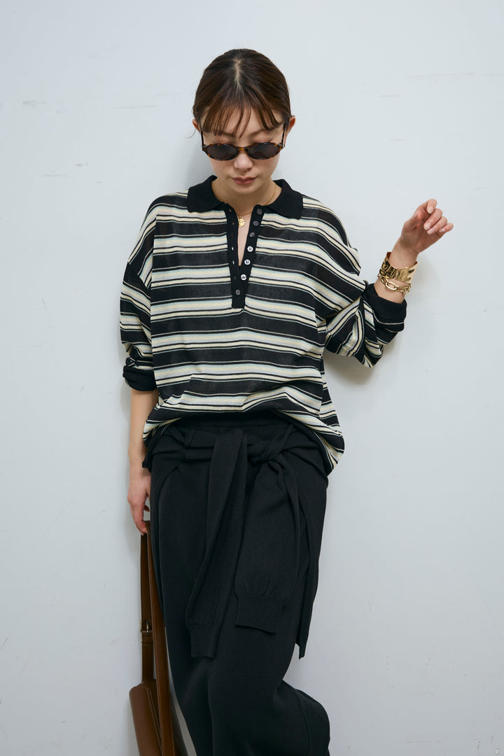 [予約/SET]ボーダーシアーポロプルオーバー+フェイクレイヤードニットスカート(2set)