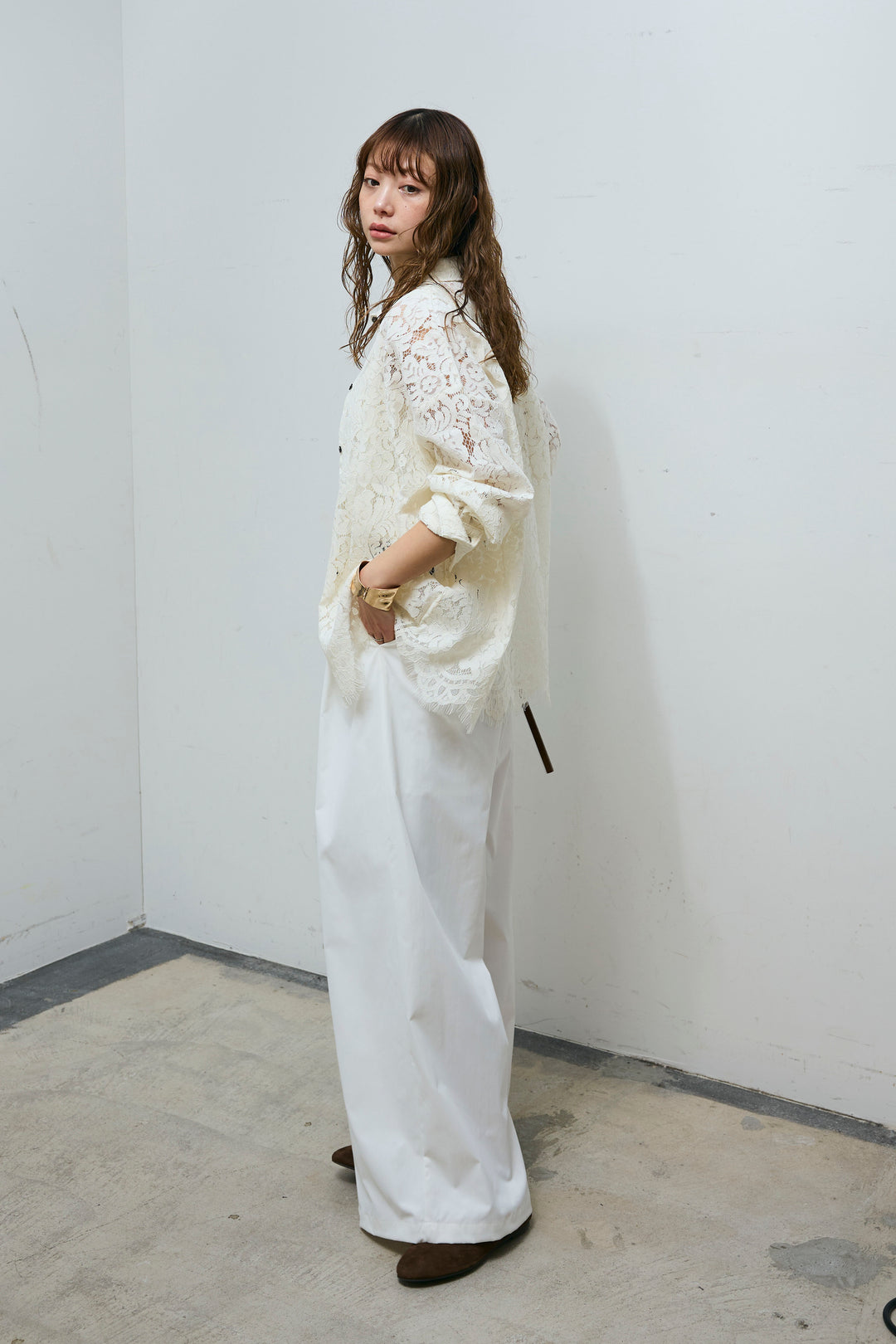 [予約/SET]裾スカラップレースシャツ+ハイウエストタックワイドパンツ(2set)