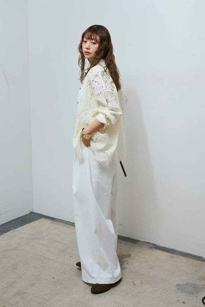 [予約/SET]裾スカラップレースシャツ+ハイウエストタックワイドパンツ(2set)