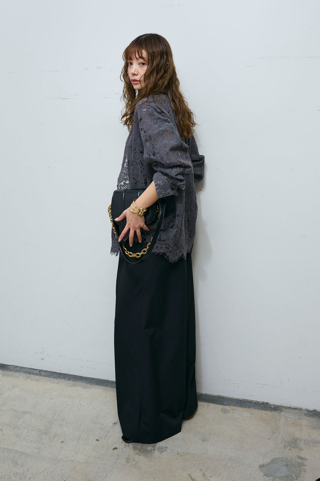 [予約/SET]裾スカラップレースシャツ+ハイウエストタックワイドパンツ(2set)