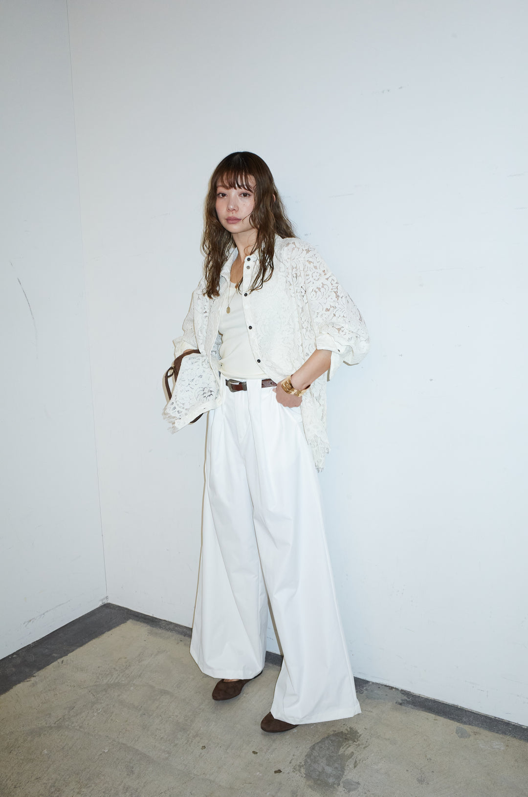 [予約/SET]裾スカラップレースシャツ+ハイウエストタックワイドパンツ(2set)