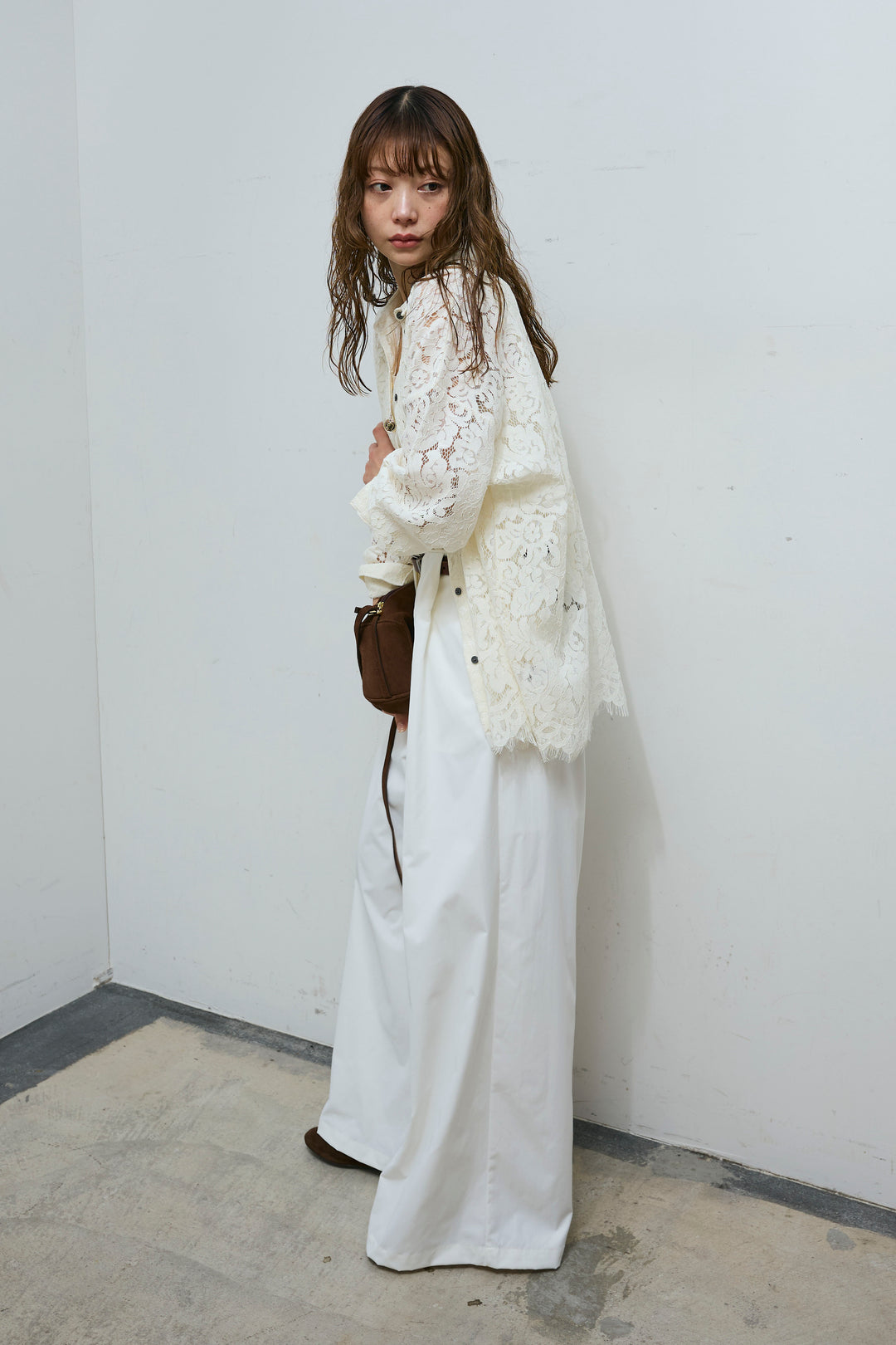 [予約/SET]裾スカラップレースシャツ+ハイウエストタックワイドパンツ(2set)