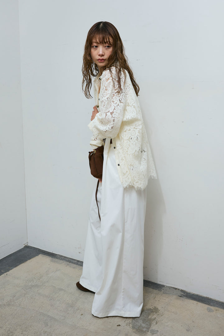 [予約/SET]裾スカラップレースシャツ+ハイウエストタックワイドパンツ(2set)