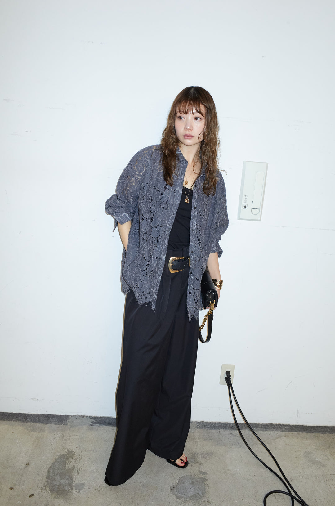 [予約/SET]裾スカラップレースシャツ+ハイウエストタックワイドパンツ(2set)