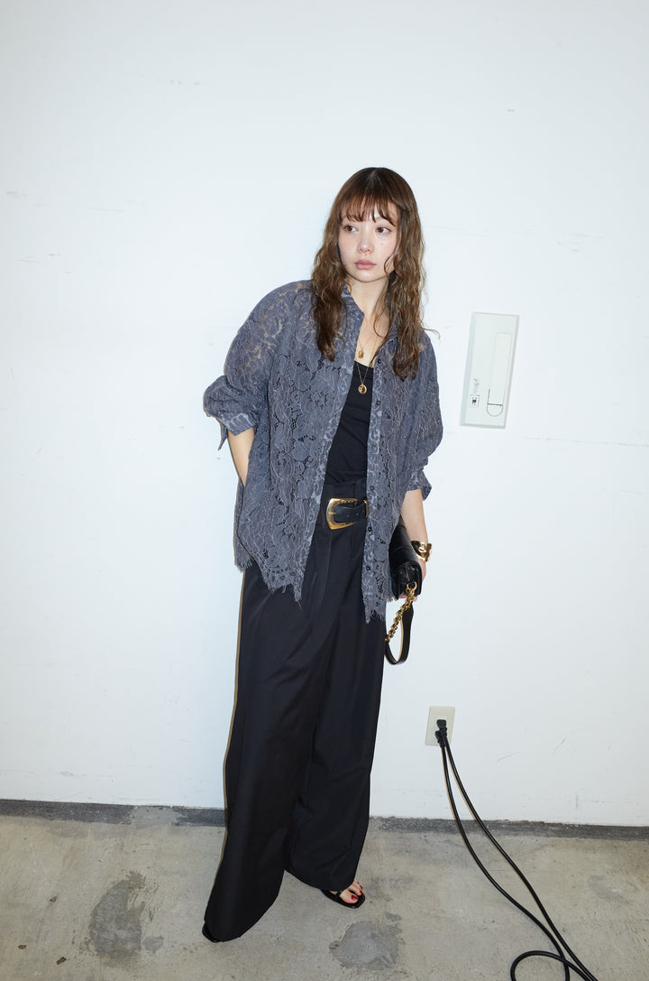 [予約/SET]裾スカラップレースシャツ+ハイウエストタックワイドパンツ(2set)