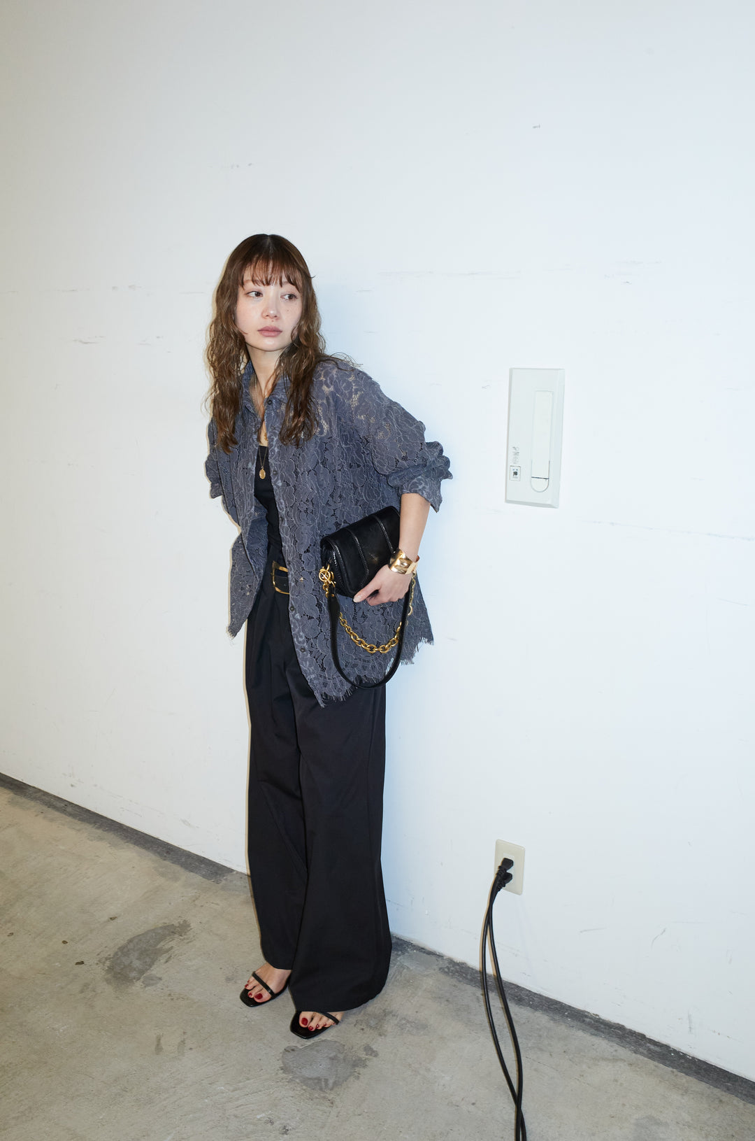 [予約/SET]裾スカラップレースシャツ+ハイウエストタックワイドパンツ(2set)