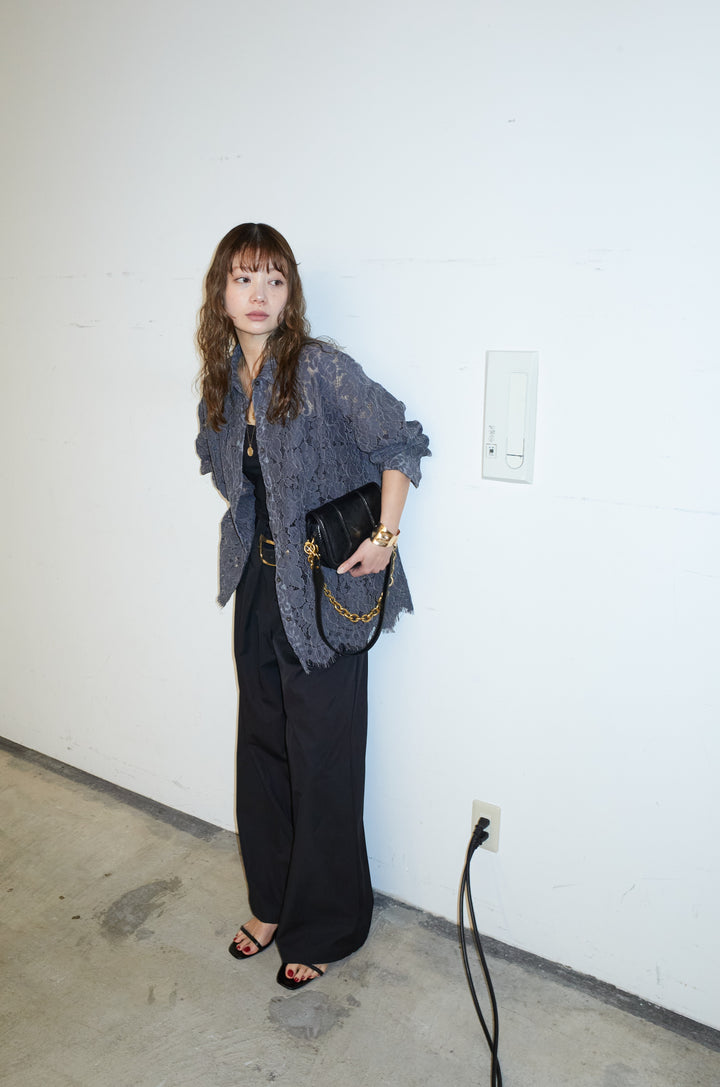 [予約/SET]裾スカラップレースシャツ+ハイウエストタックワイドパンツ(2set)