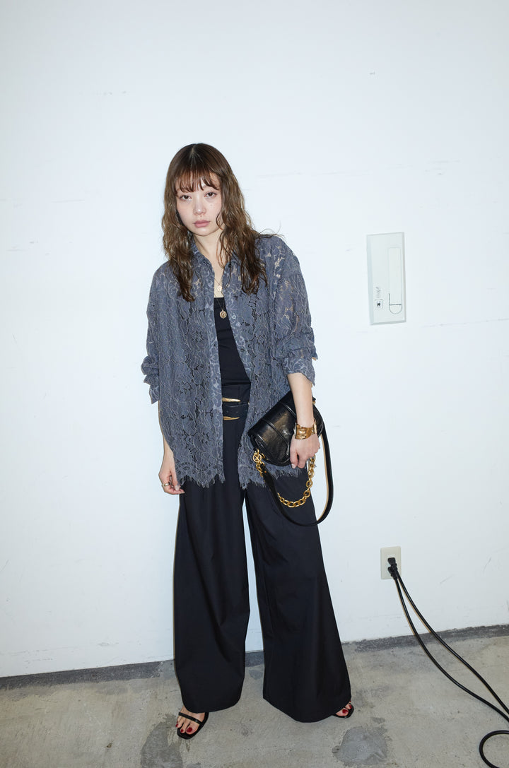 [予約/SET]裾スカラップレースシャツ+ハイウエストタックワイドパンツ(2set)