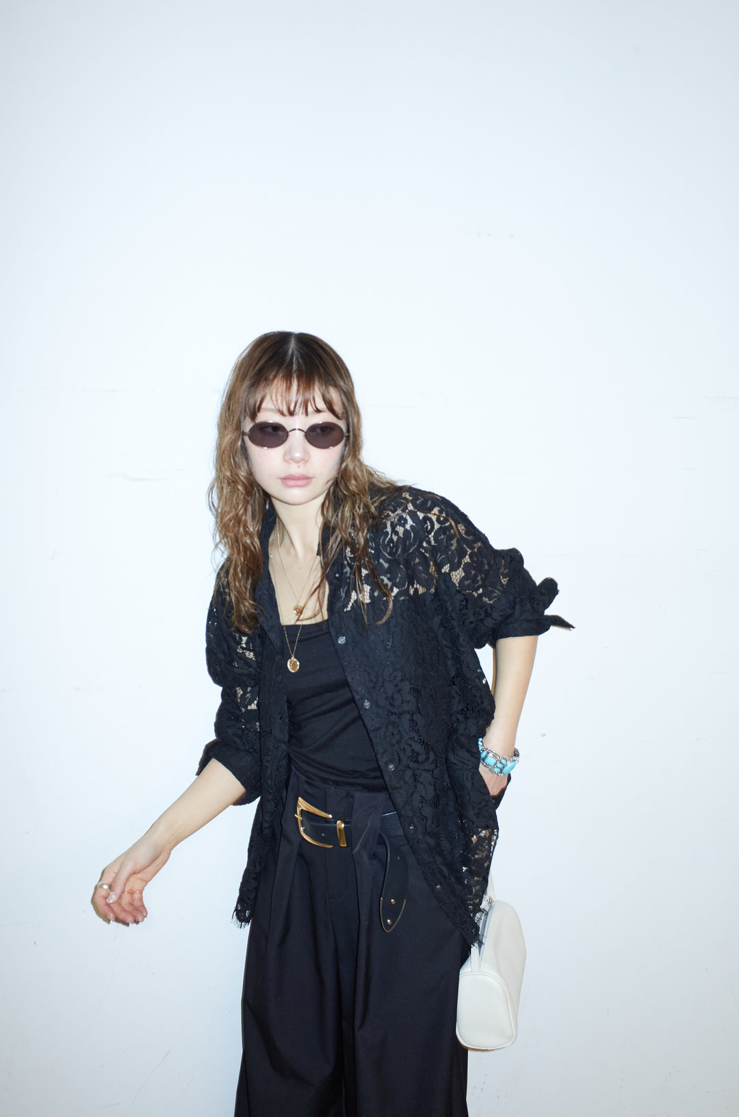 [予約/SET]裾スカラップレースシャツ+ハイウエストタックワイドパンツ(2set)