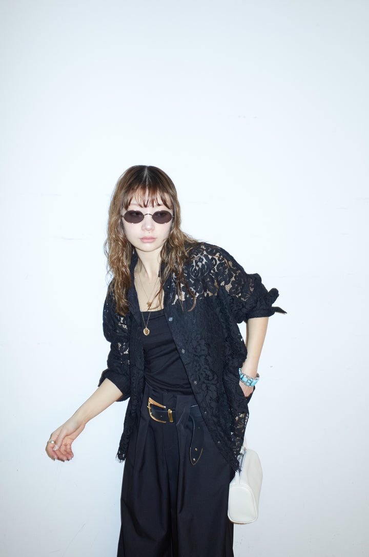 [予約/SET]裾スカラップレースシャツ+ハイウエストタックワイドパンツ(2set)