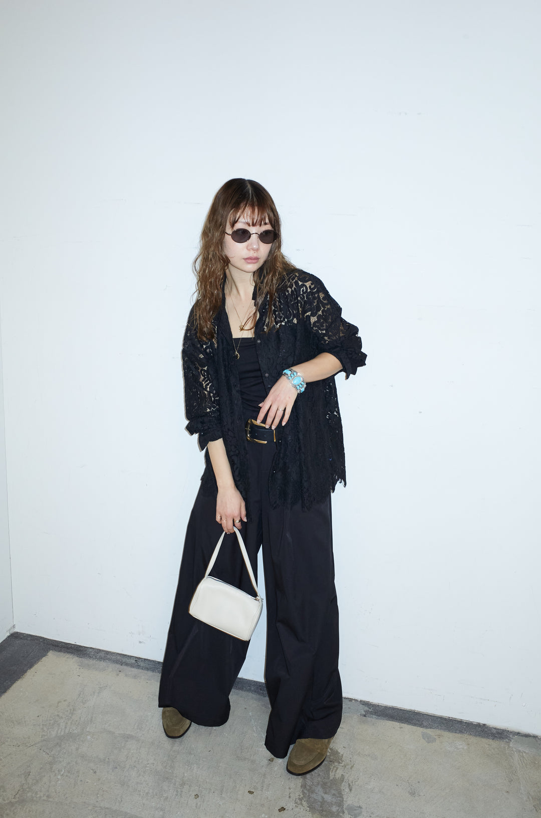 [予約/SET]裾スカラップレースシャツ+ハイウエストタックワイドパンツ(2set)