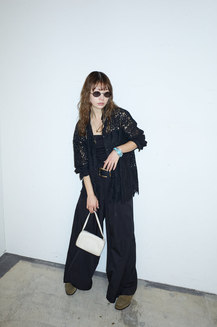 [予約/SET]裾スカラップレースシャツ+ハイウエストタックワイドパンツ(2set)