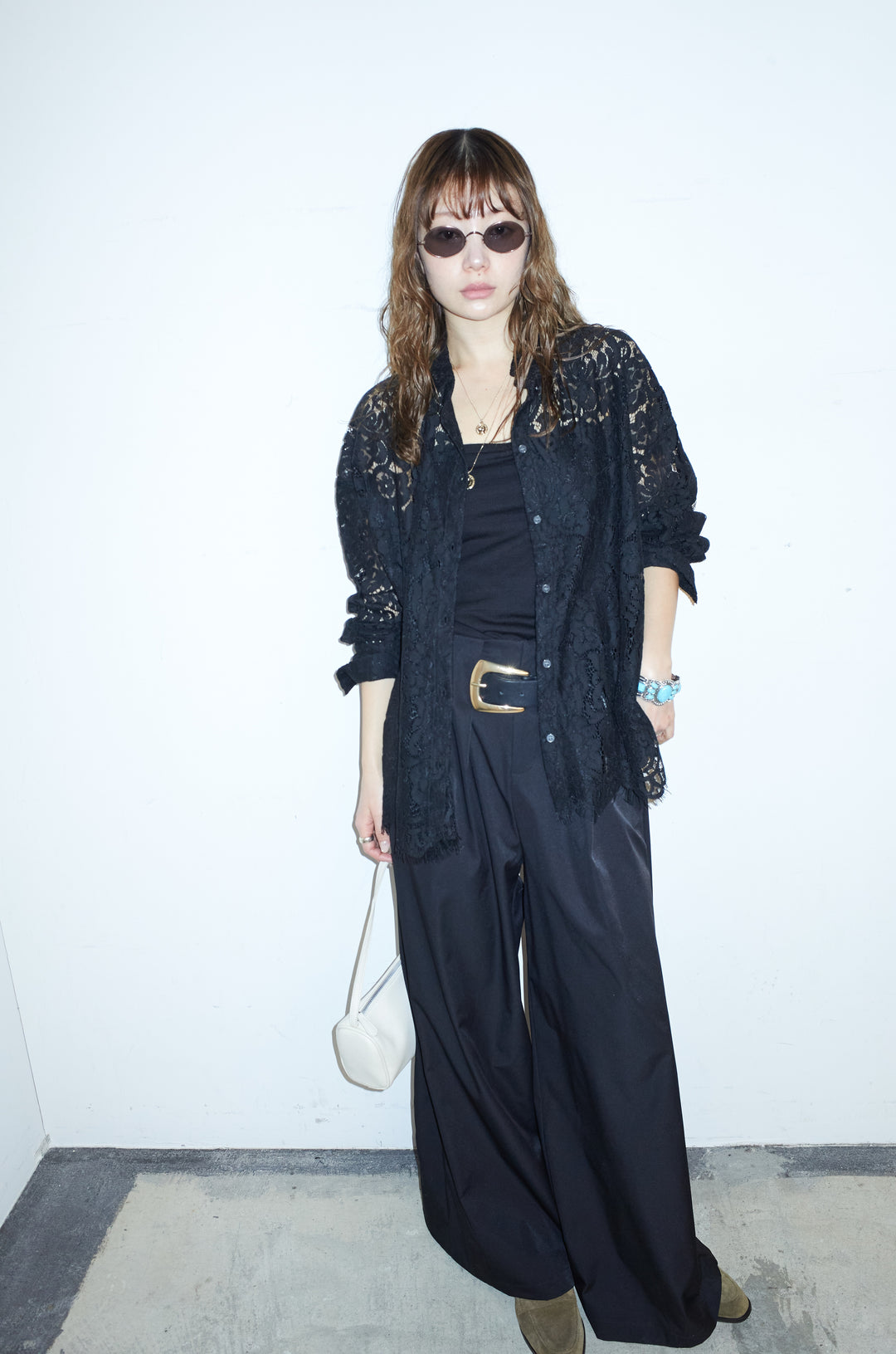 [予約/SET]裾スカラップレースシャツ+ハイウエストタックワイドパンツ(2set)