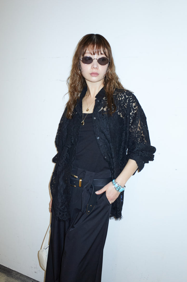 [予約/SET]裾スカラップレースシャツ+ハイウエストタックワイドパンツ(2set)