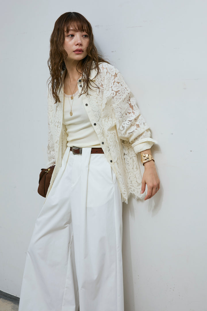 [予約/SET]裾スカラップレースシャツ+ハイウエストタックワイドパンツ(2set)