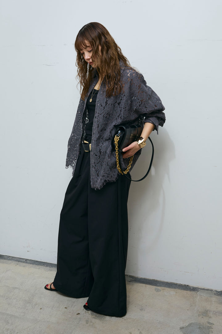 [予約/SET]裾スカラップレースシャツ+ハイウエストタックワイドパンツ(2set)