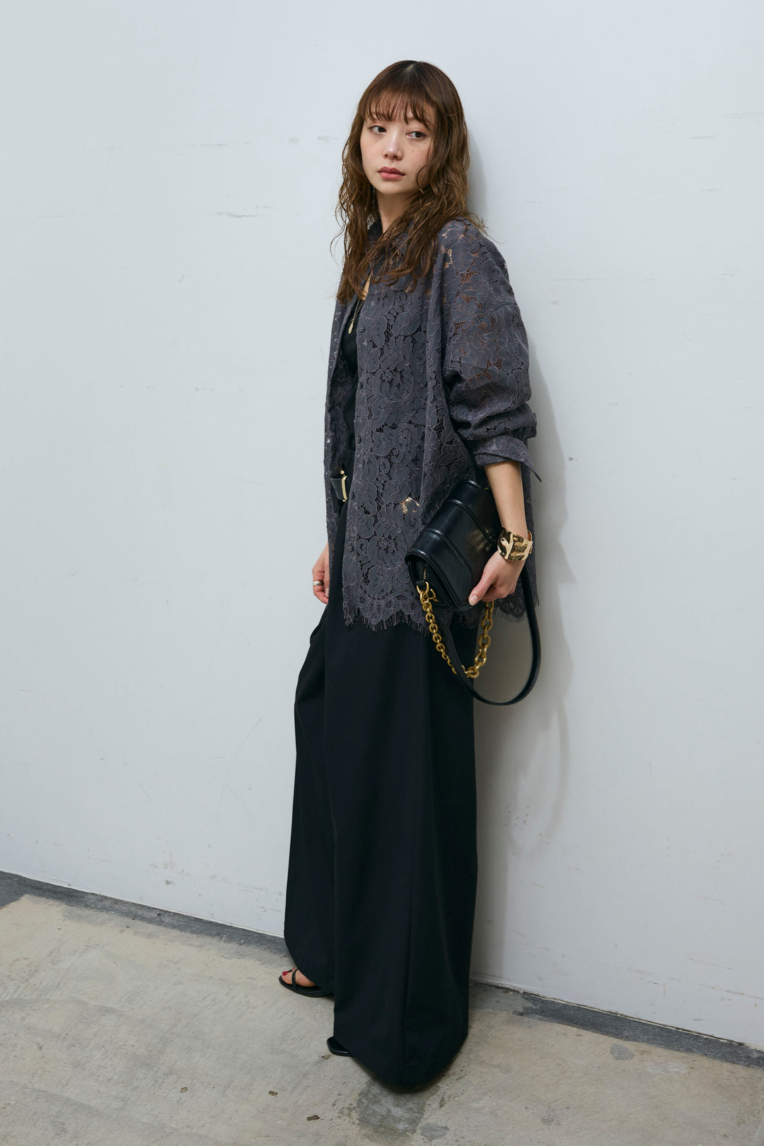 [予約/SET]裾スカラップレースシャツ+ハイウエストタックワイドパンツ(2set)