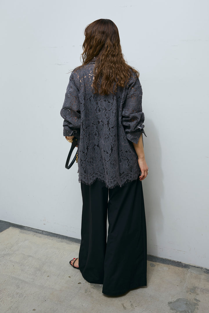 [予約/SET]裾スカラップレースシャツ+ハイウエストタックワイドパンツ(2set)