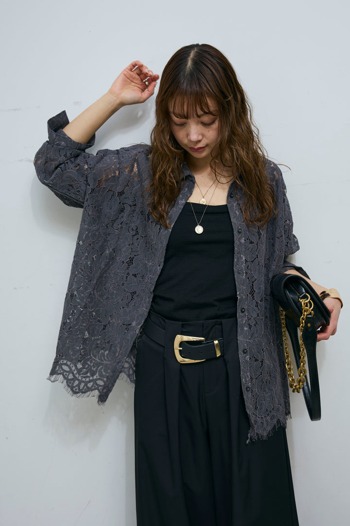 [予約/SET]裾スカラップレースシャツ+ハイウエストタックワイドパンツ(2set)