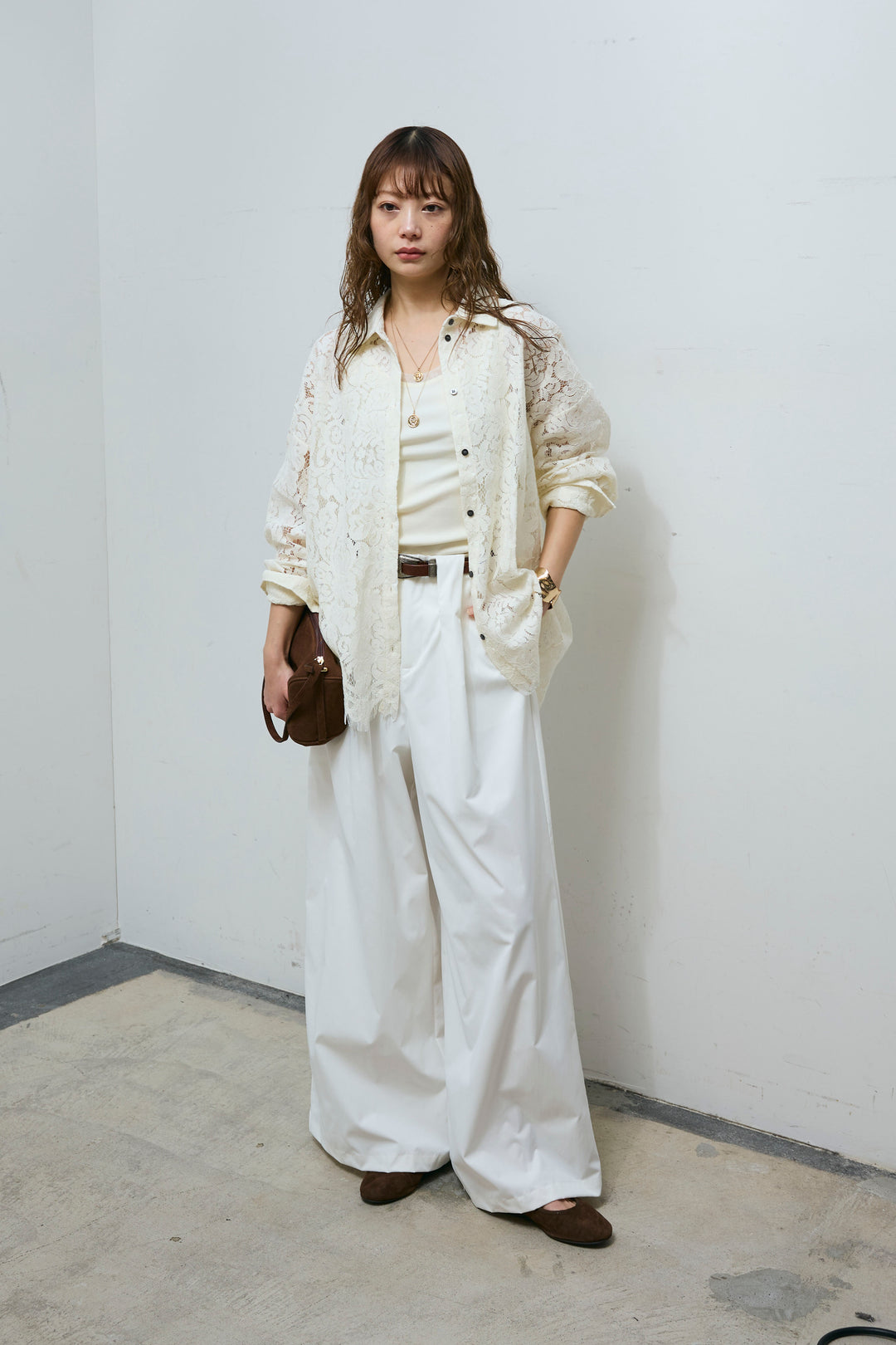 [予約/SET]裾スカラップレースシャツ+ハイウエストタックワイドパンツ(2set)