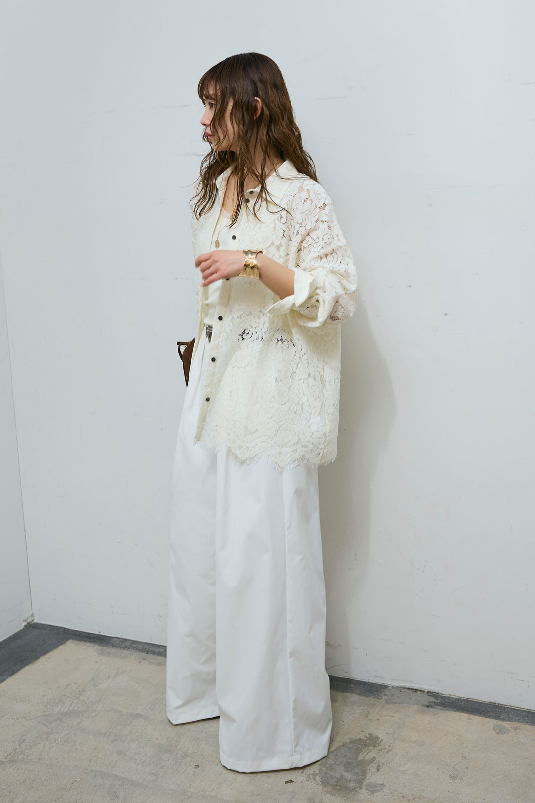 [予約/SET]裾スカラップレースシャツ+ハイウエストタックワイドパンツ(2set)