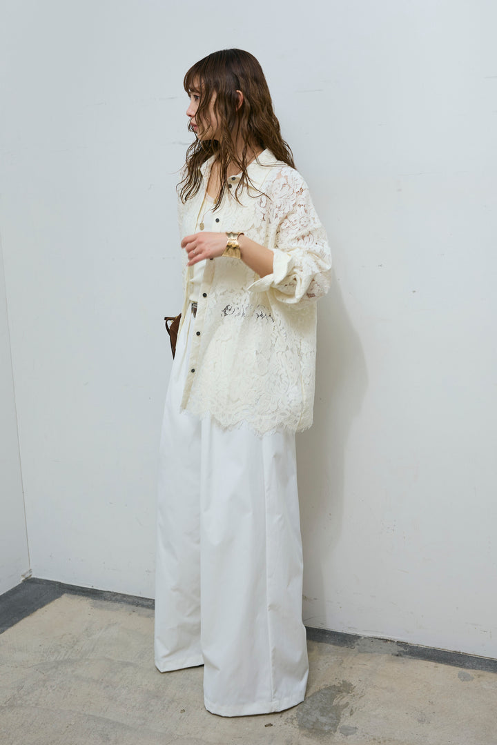 [予約/SET]裾スカラップレースシャツ+ハイウエストタックワイドパンツ(2set)
