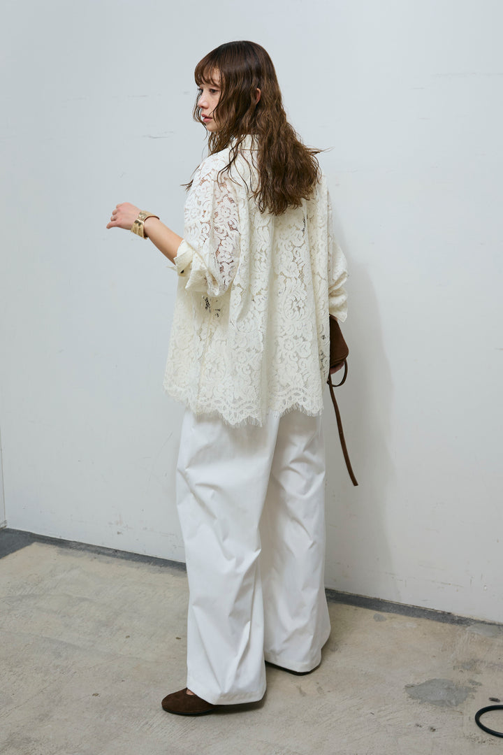 [予約/SET]裾スカラップレースシャツ+ハイウエストタックワイドパンツ(2set)
