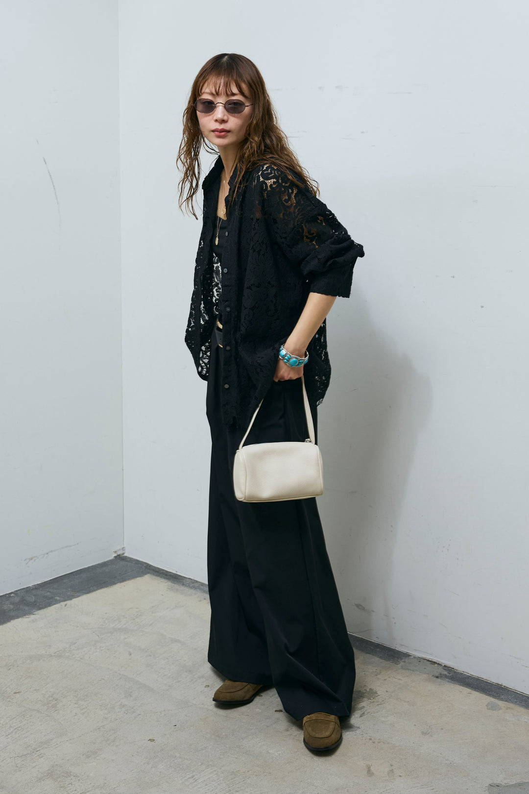 [予約/SET]裾スカラップレースシャツ+ハイウエストタックワイドパンツ(2set)