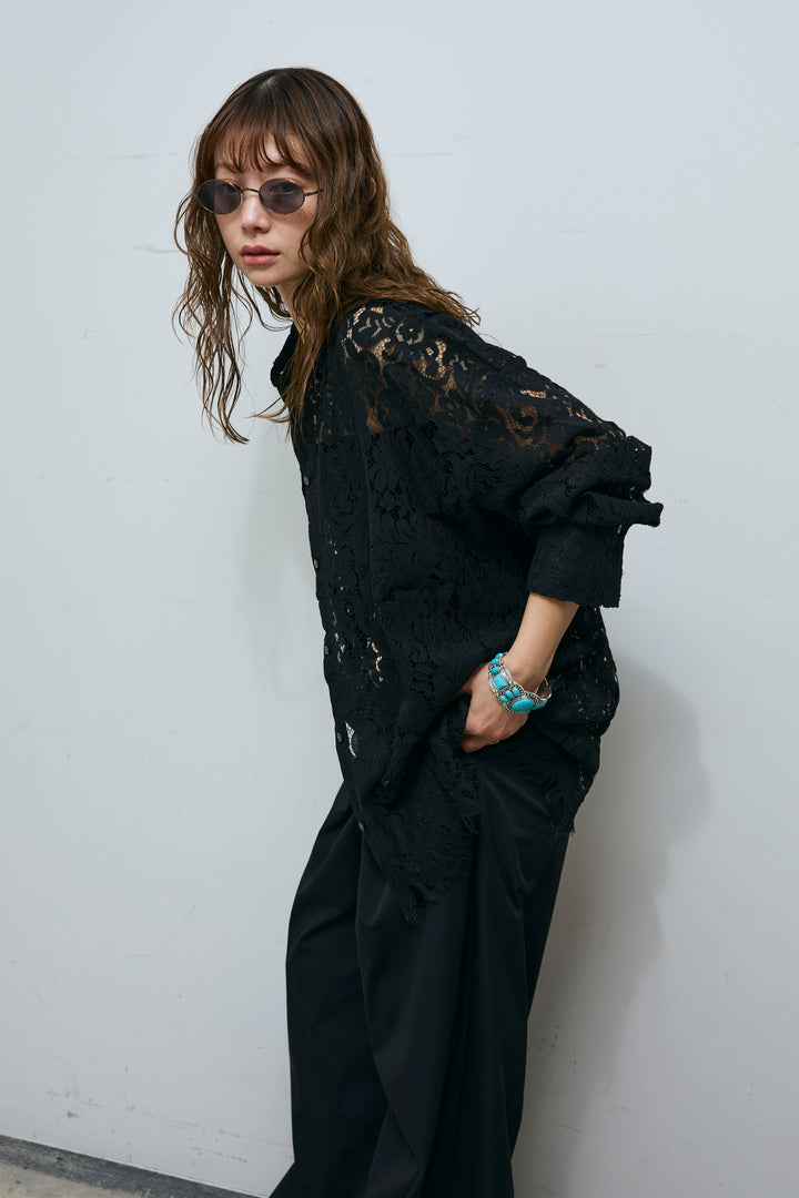 [予約/SET]裾スカラップレースシャツ+ハイウエストタックワイドパンツ(2set)