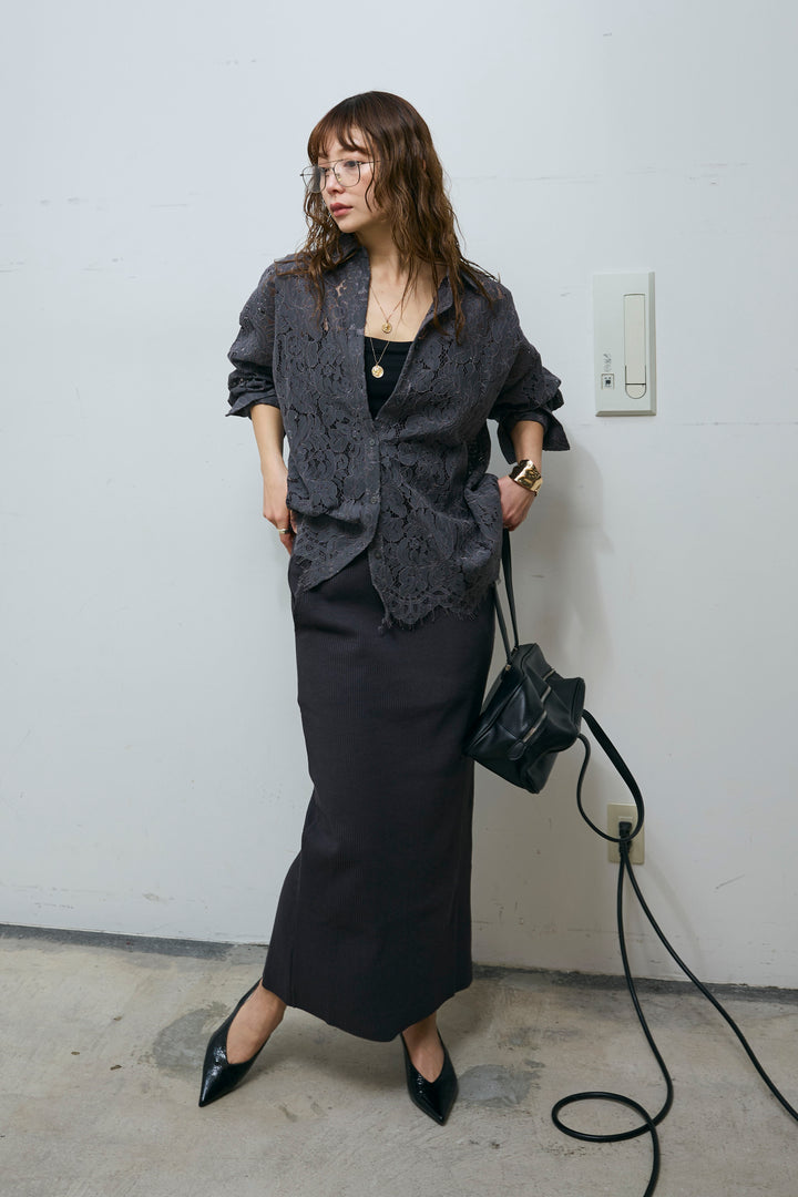 [予約/SET]裾スカラップレースシャツ+リブカットスカート(2set)