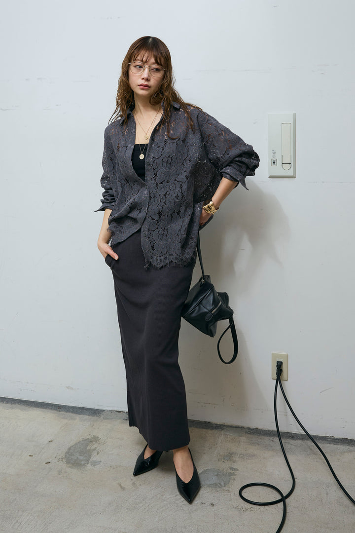 [予約/SET]裾スカラップレースシャツ+リブカットスカート(2set)