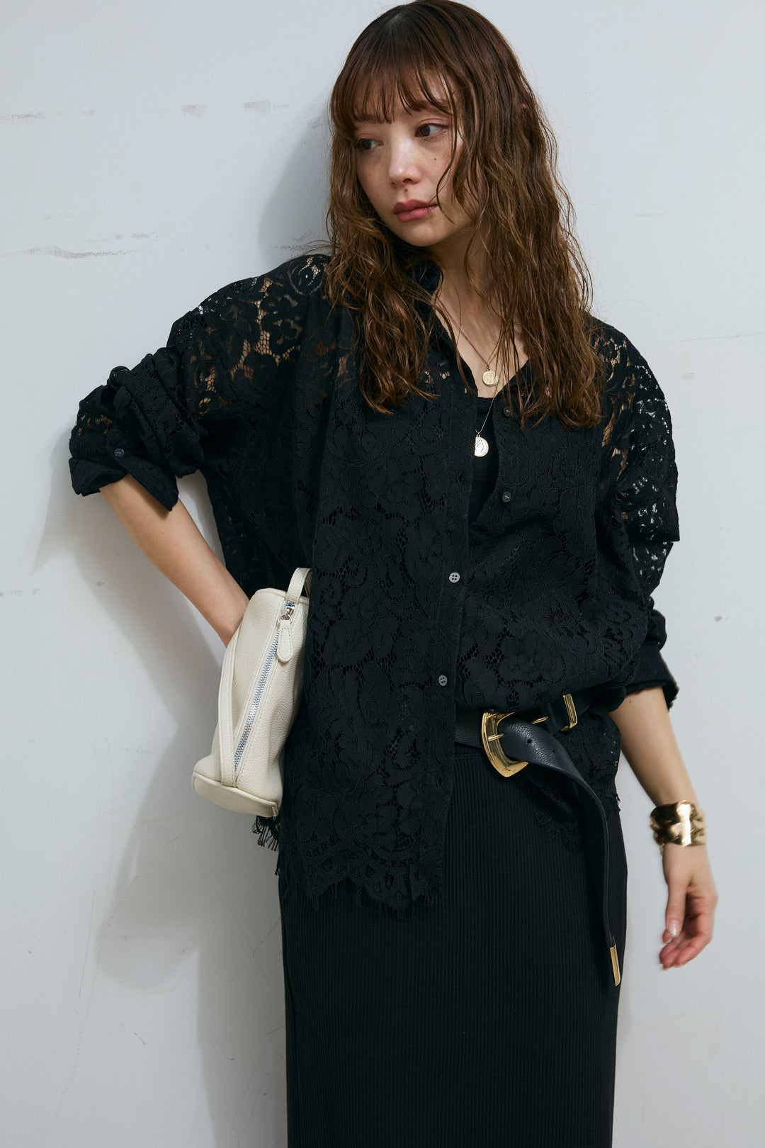 [予約/SET]裾スカラップレースシャツ+リブカットスカート(2set)