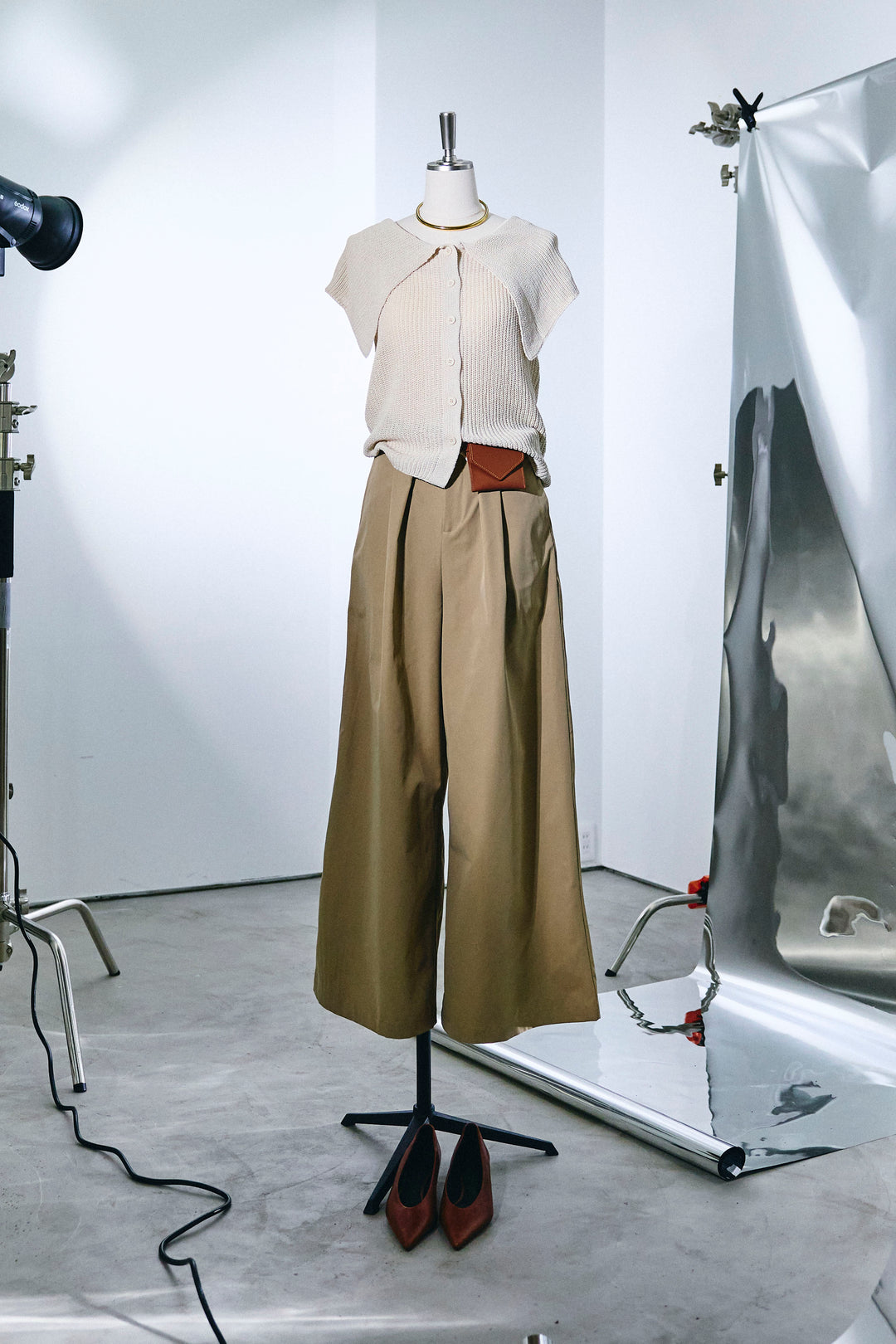 [予約/SET]ビッグカラーニットトップス+ハイウエストタックワイドパンツ(2set)