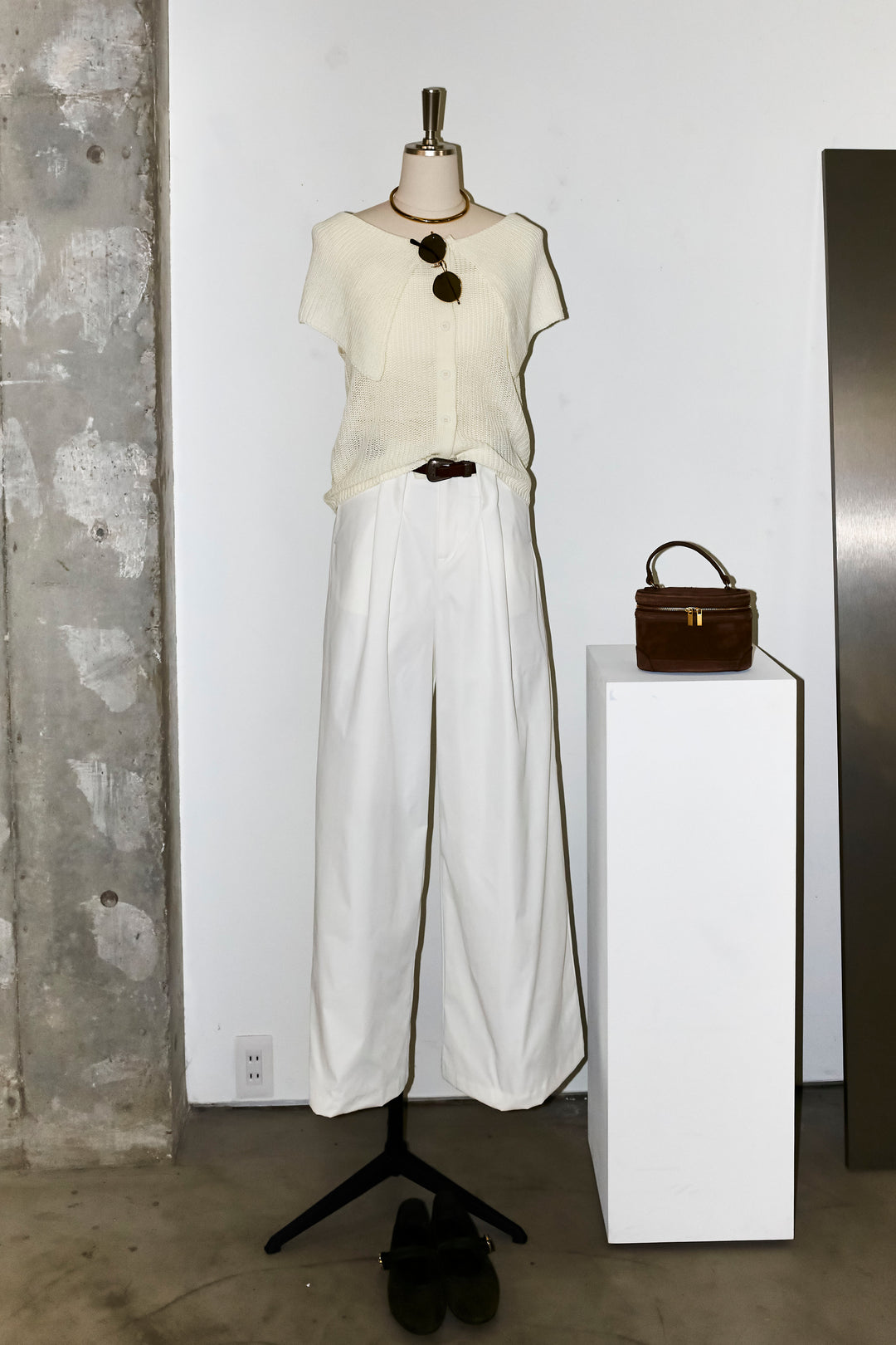 [予約/SET]ビッグカラーニットトップス+ハイウエストタックワイドパンツ(2set)