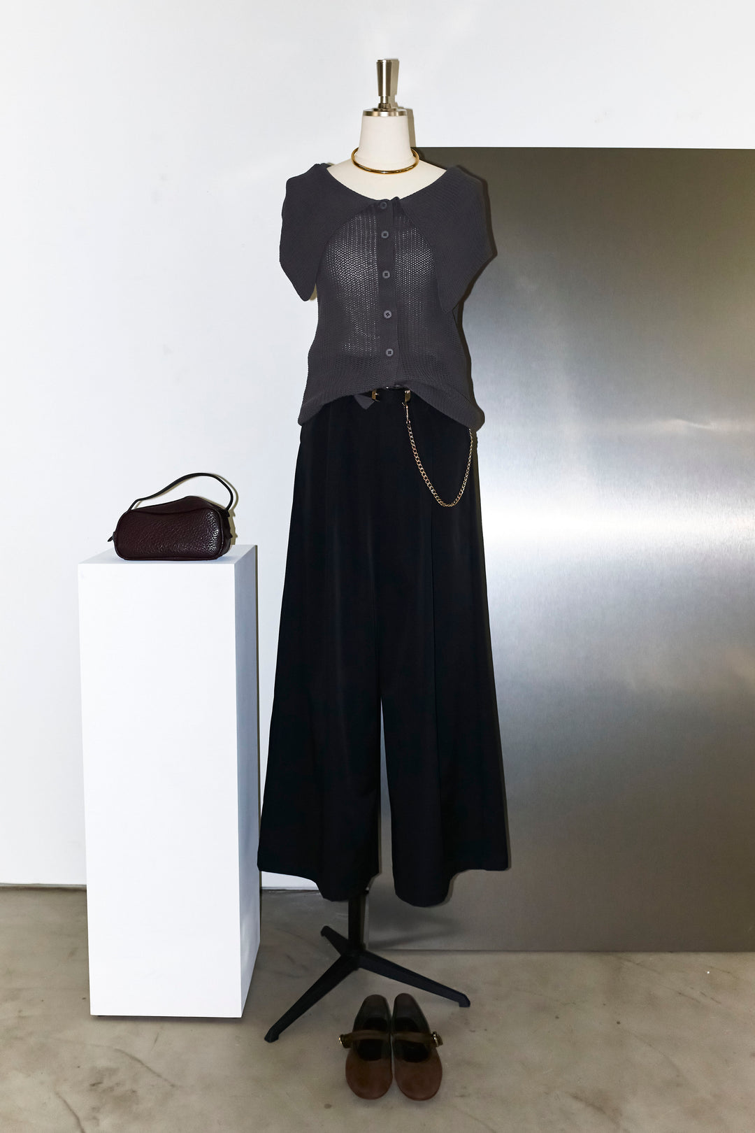 [予約/SET]ビッグカラーニットトップス+ハイウエストタックワイドパンツ(2set)