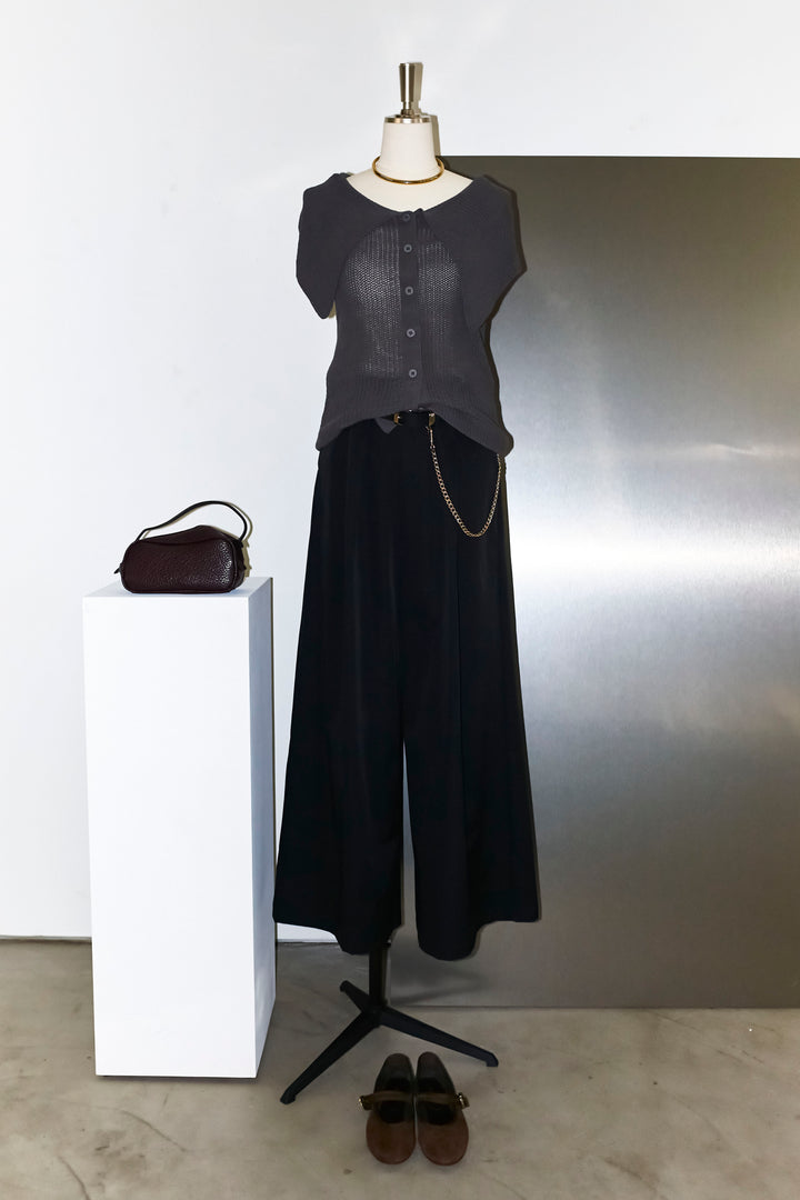 [予約/SET]ビッグカラーニットトップス+ハイウエストタックワイドパンツ(2set)