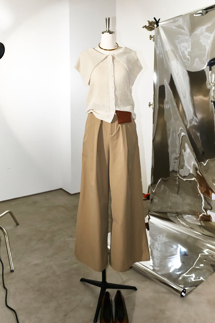 [予約/SET]ビッグカラーニットトップス+ハイウエストタックワイドパンツ(2set)