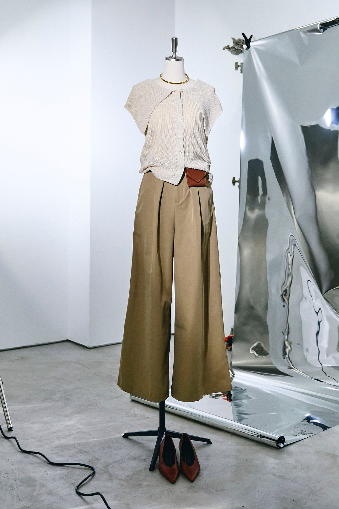 [予約/SET]ビッグカラーニットトップス+ハイウエストタックワイドパンツ(2set)