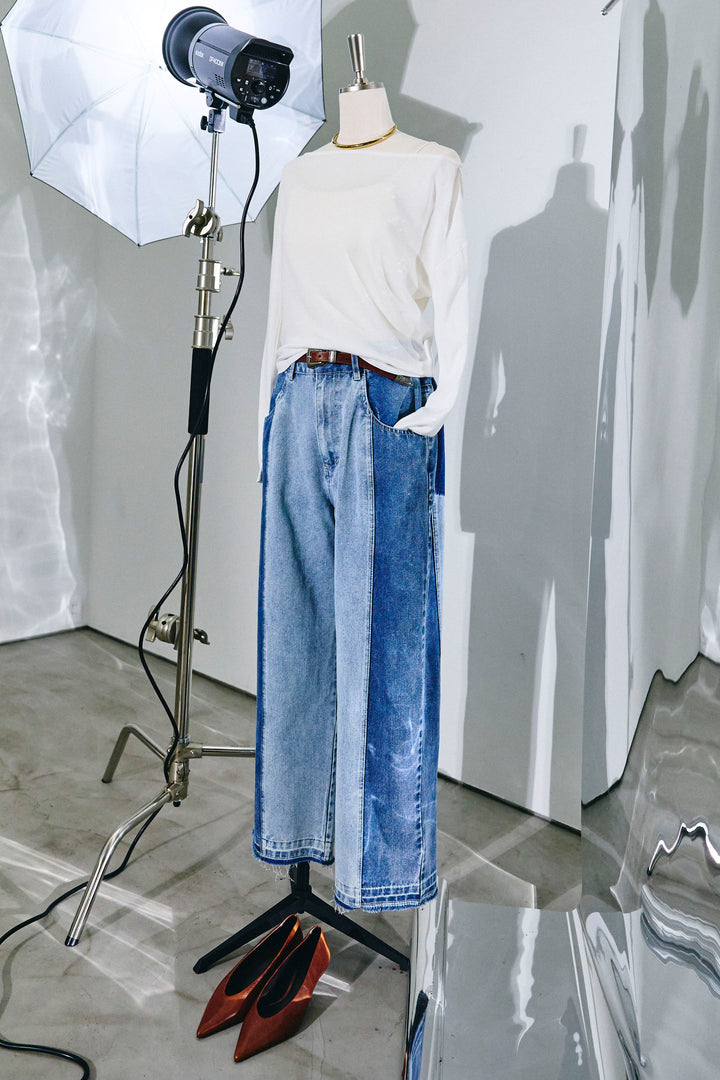 [予約/SET]シアー裏毛オフショルトップス+配色ワイドデニム(2set)