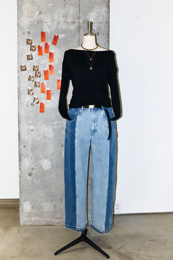 [予約/SET]シアー裏毛オフショルトップス+配色ワイドデニム(2set)