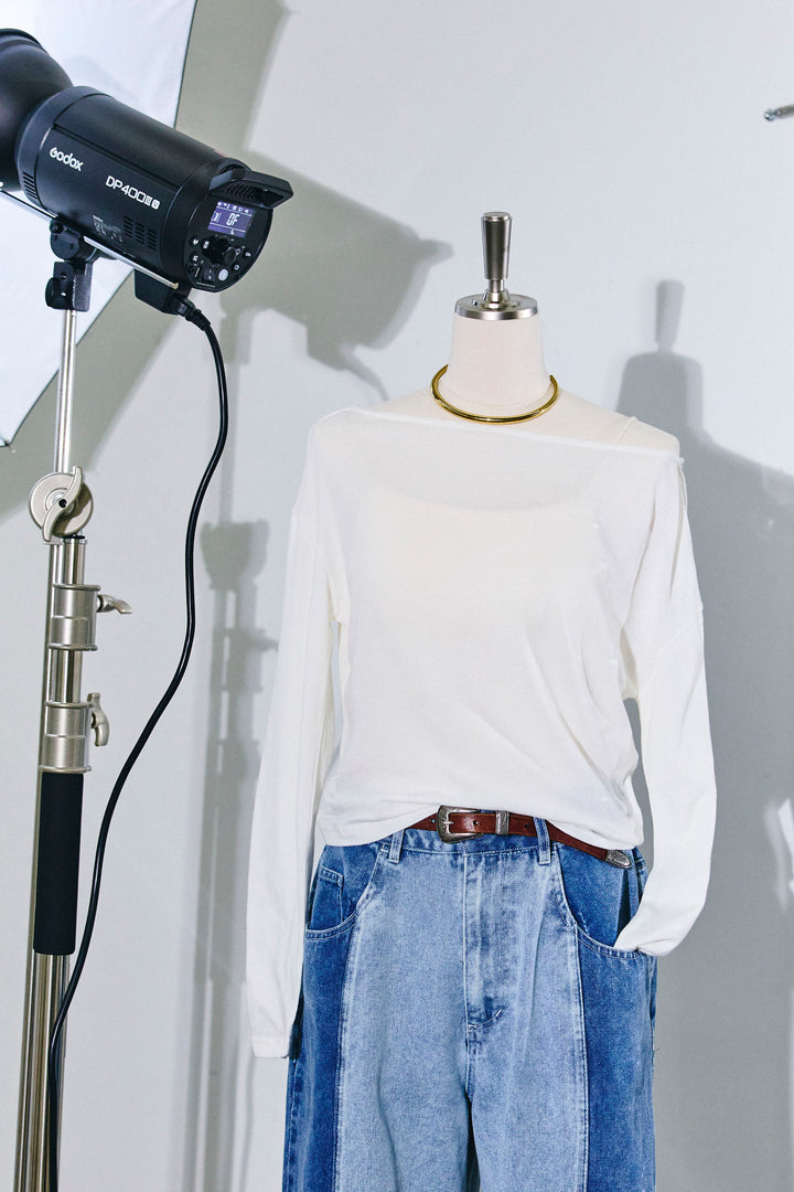 [予約/SET]シアー裏毛オフショルトップス+配色ワイドデニム(2set)