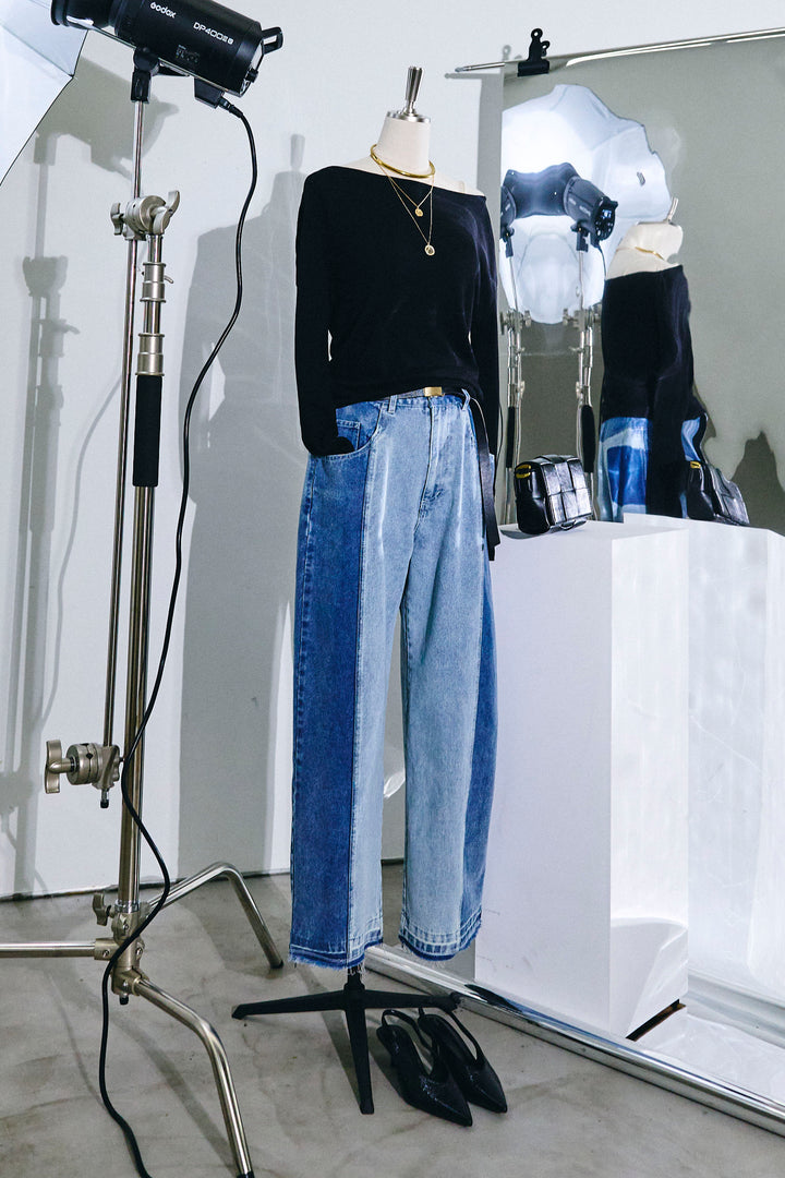 [予約/SET]シアー裏毛オフショルトップス+配色ワイドデニム(2set)