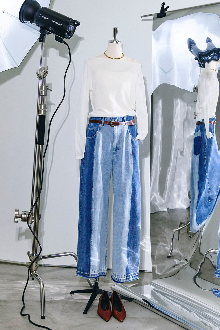 [予約/SET]シアー裏毛オフショルトップス+配色ワイドデニム(2set)