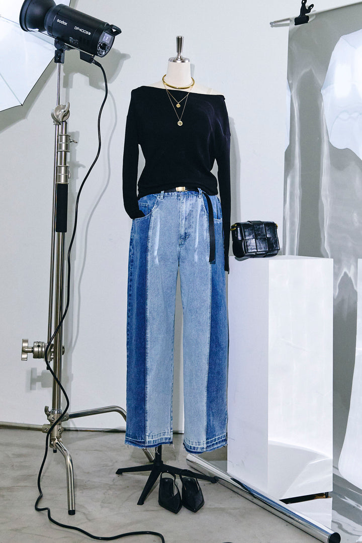 [予約/SET]シアー裏毛オフショルトップス+配色ワイドデニム(2set)