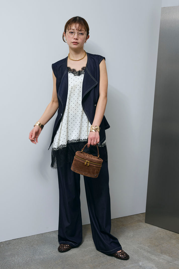 [予約/SET]デニムラペルカラージレ＋デニムワイドパンツセット+レースキャミチュニック(2set)