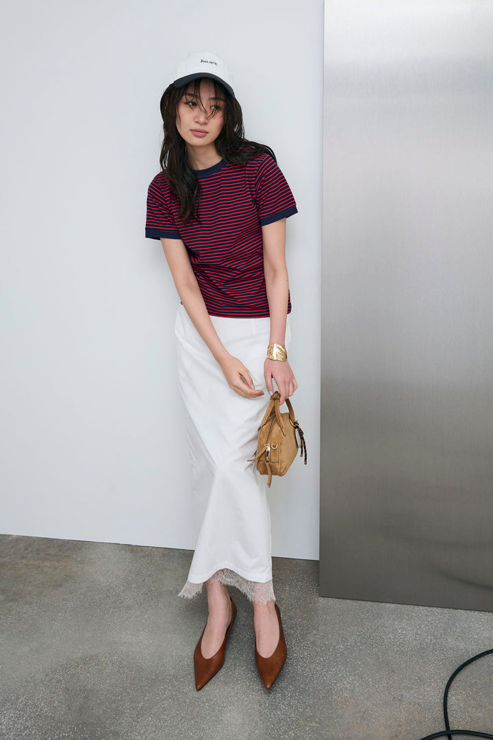 [予約/SET]ボーダーリンガーシャツ+裾レースレイヤードスカート(2set)