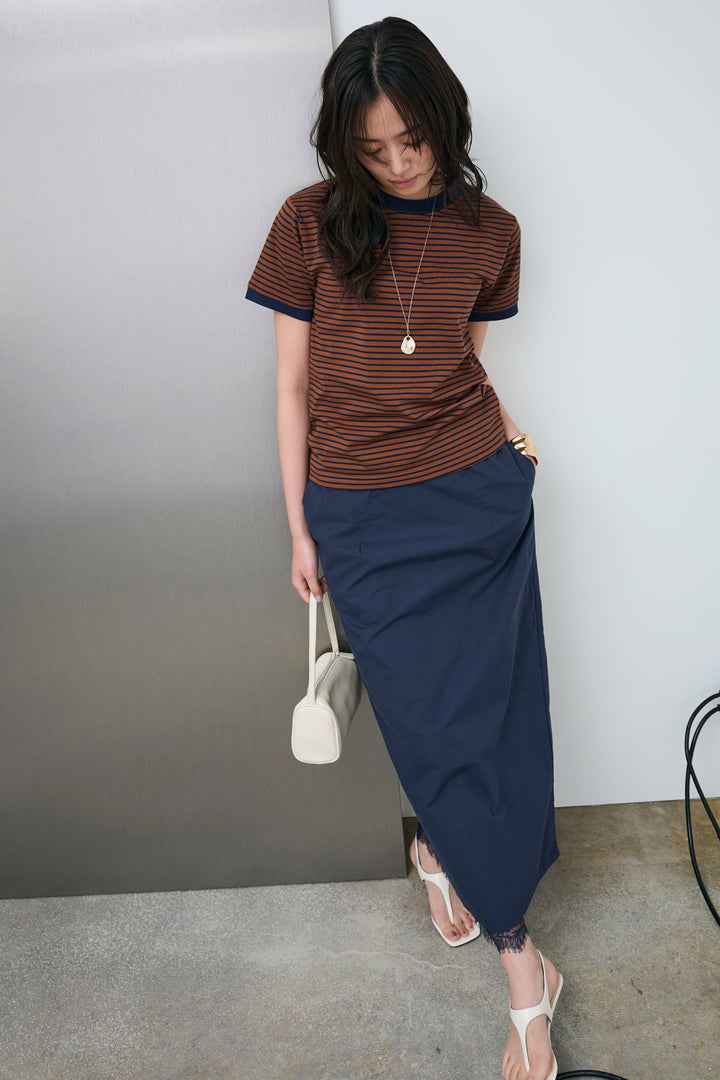 [予約/SET]ボーダーリンガーシャツ+裾レースレイヤードスカート(2set)