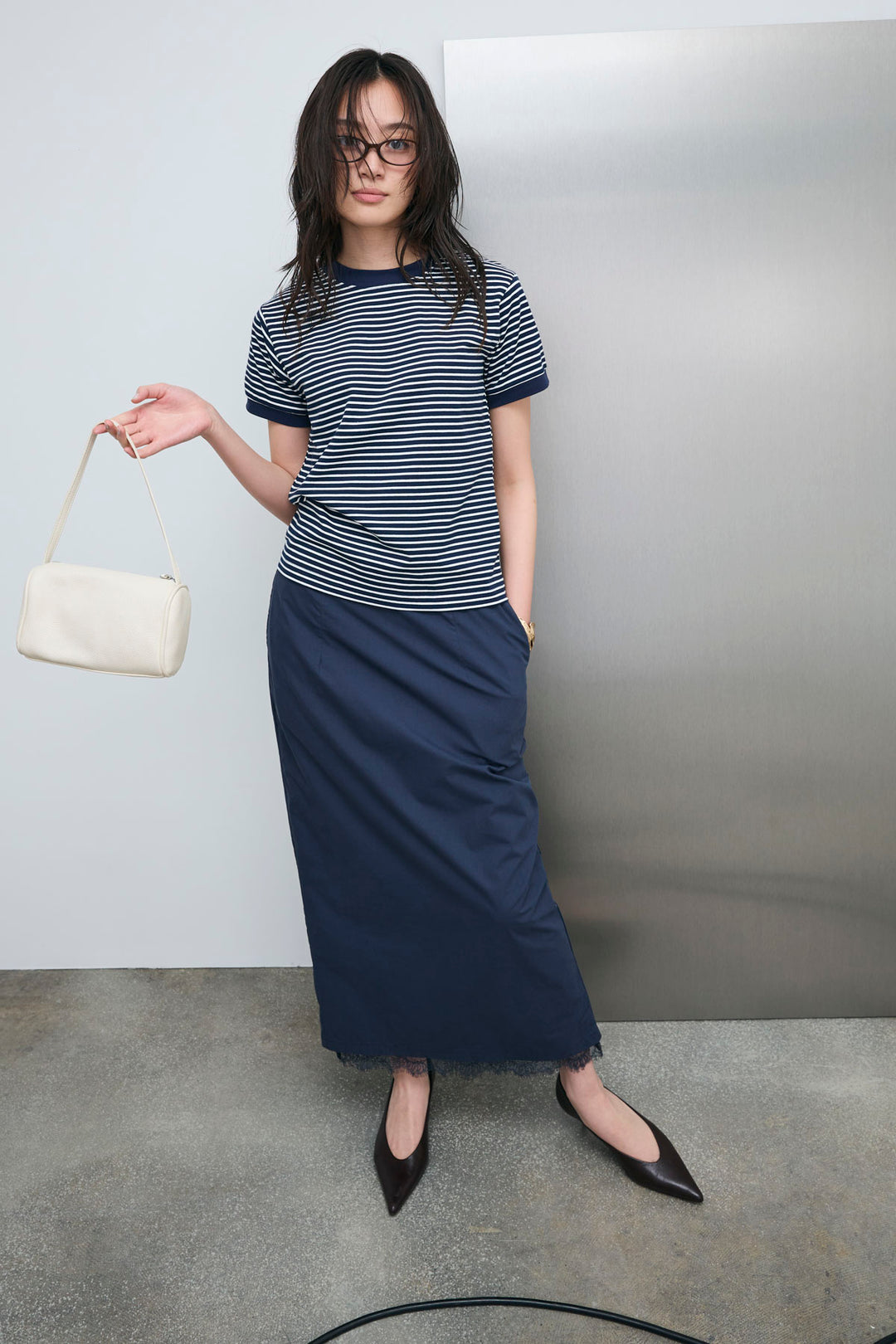 [予約/SET]ボーダーリンガーシャツ+裾レースレイヤードスカート(2set)