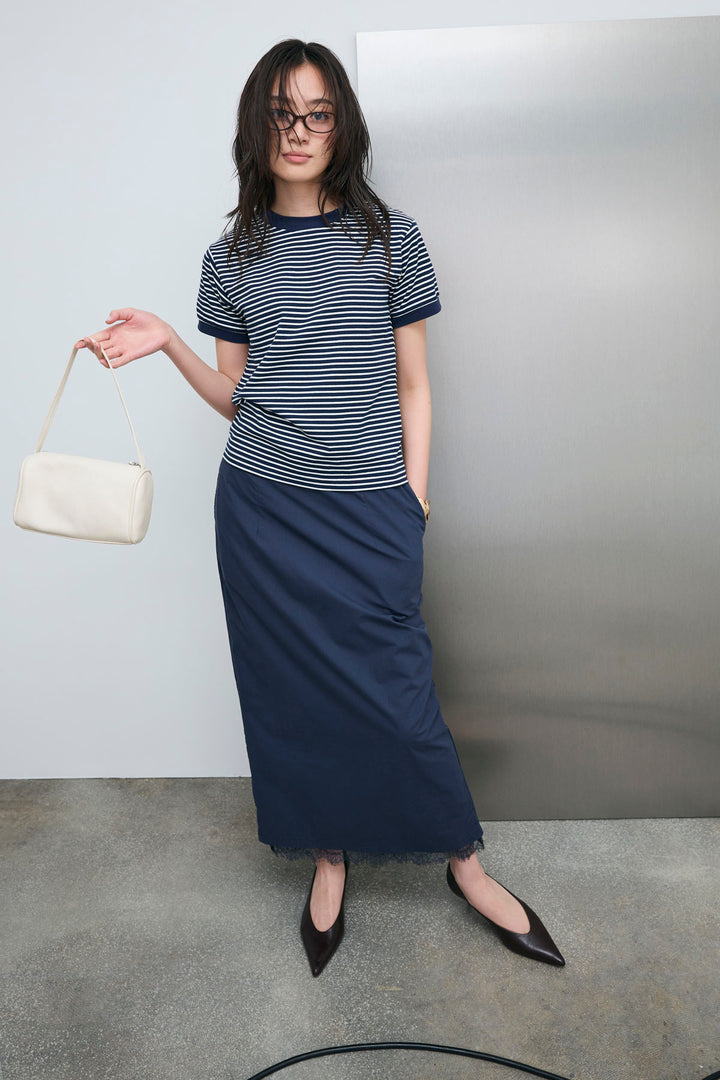 [予約/SET]ボーダーリンガーシャツ+裾レースレイヤードスカート(2set)